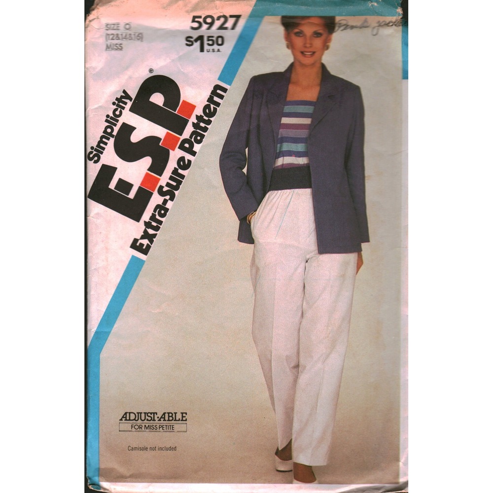 Simplicity 5927 ESP Sewing Pattern Misses Pants Unlined Jacket Sz 12-16 VTG 80s